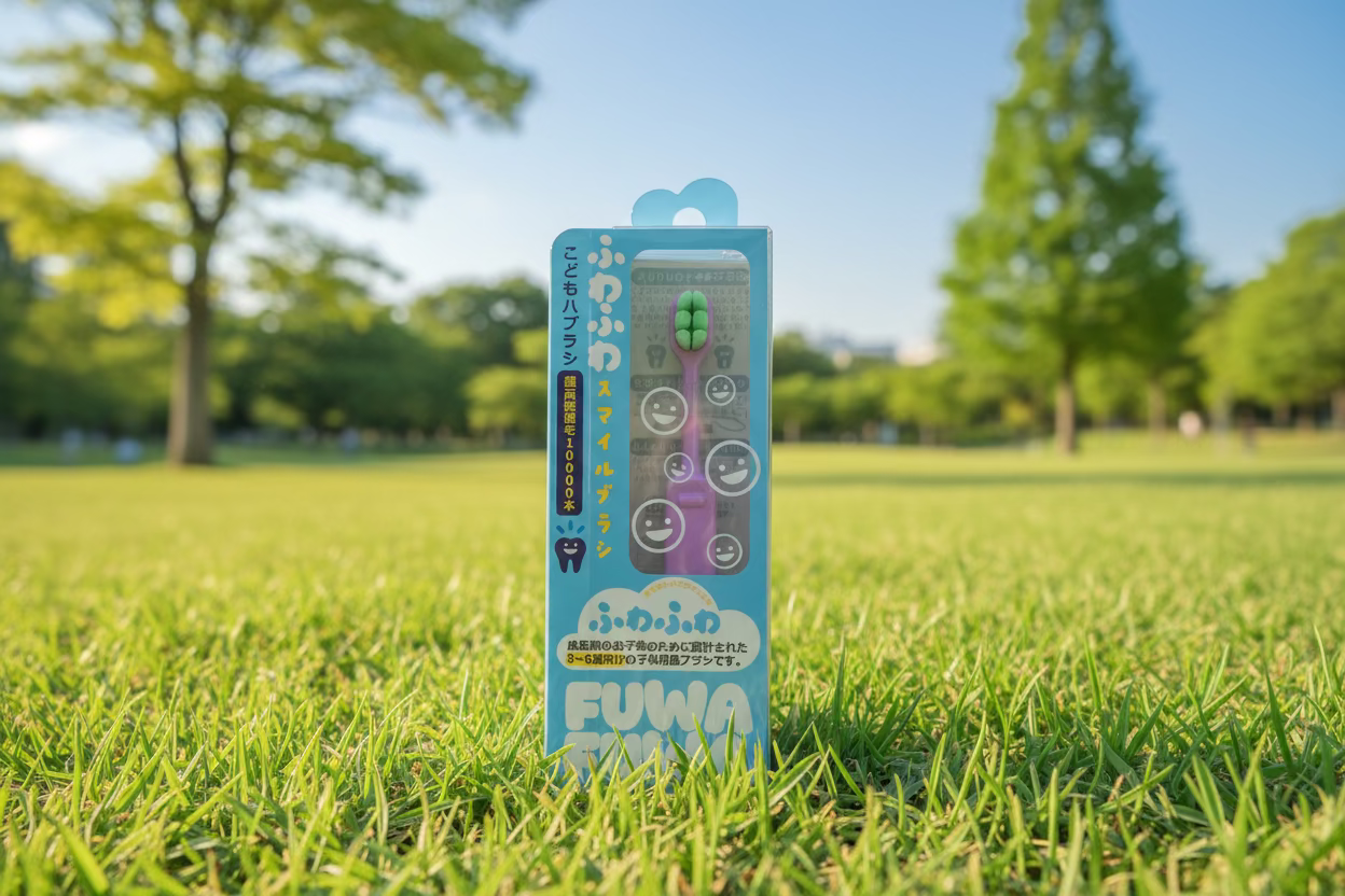 Packaged children's toothbrush with pink handle and green bristles on a wooden surface